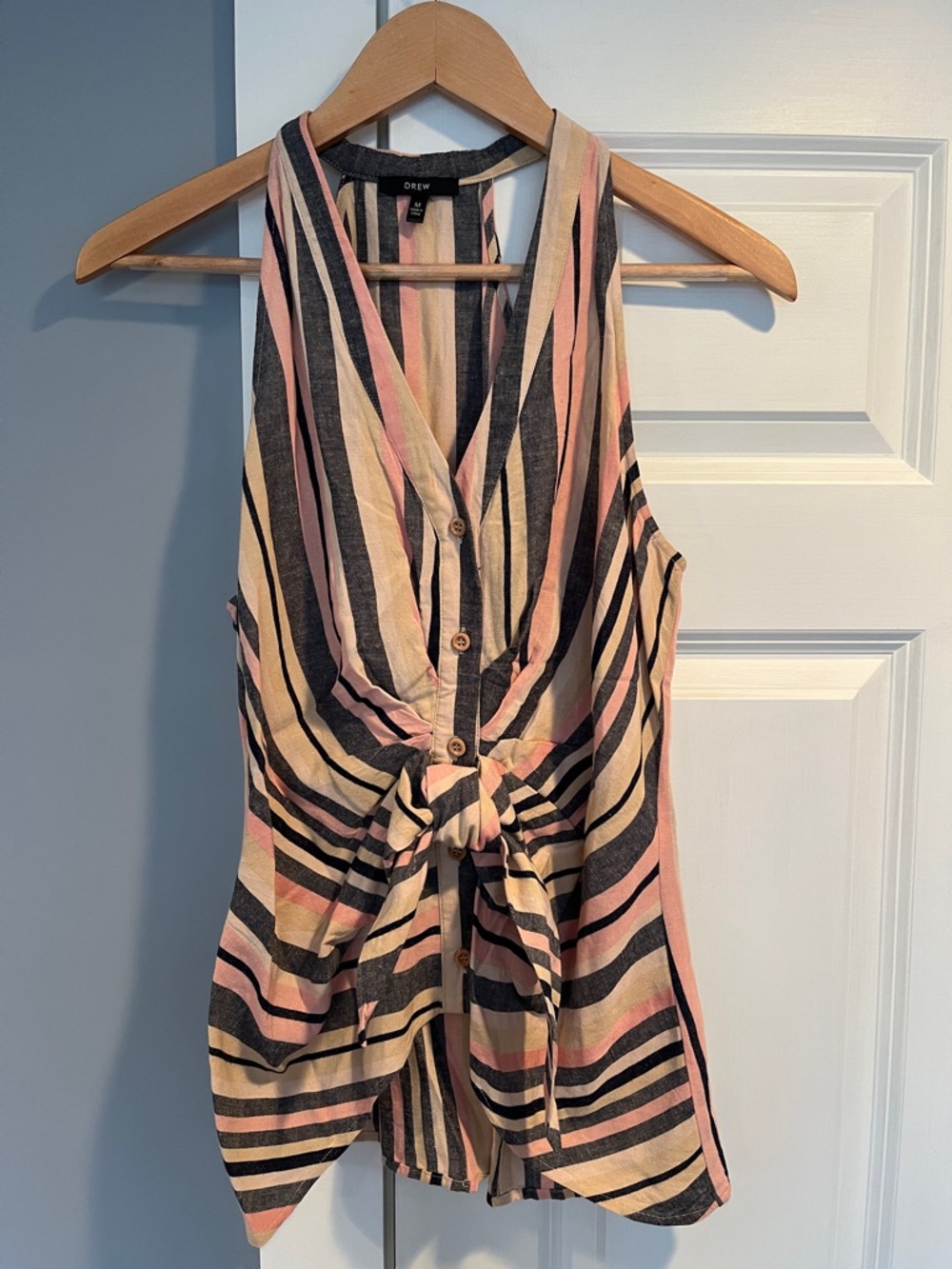 DREW Pink Black Cream Striped Tie-Front Sleeveless Blouse